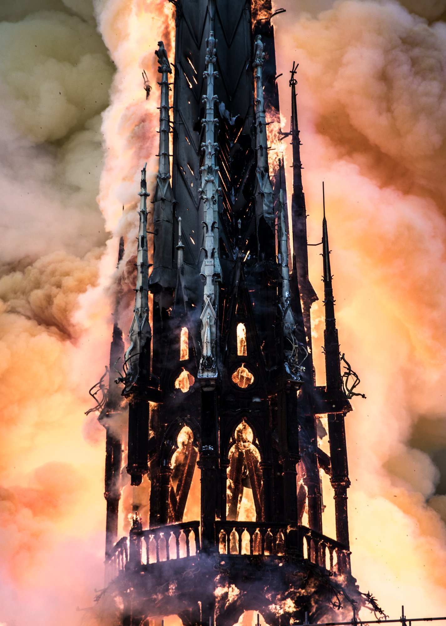 The spire of Notre-Dame de Paris on fire, April 2019